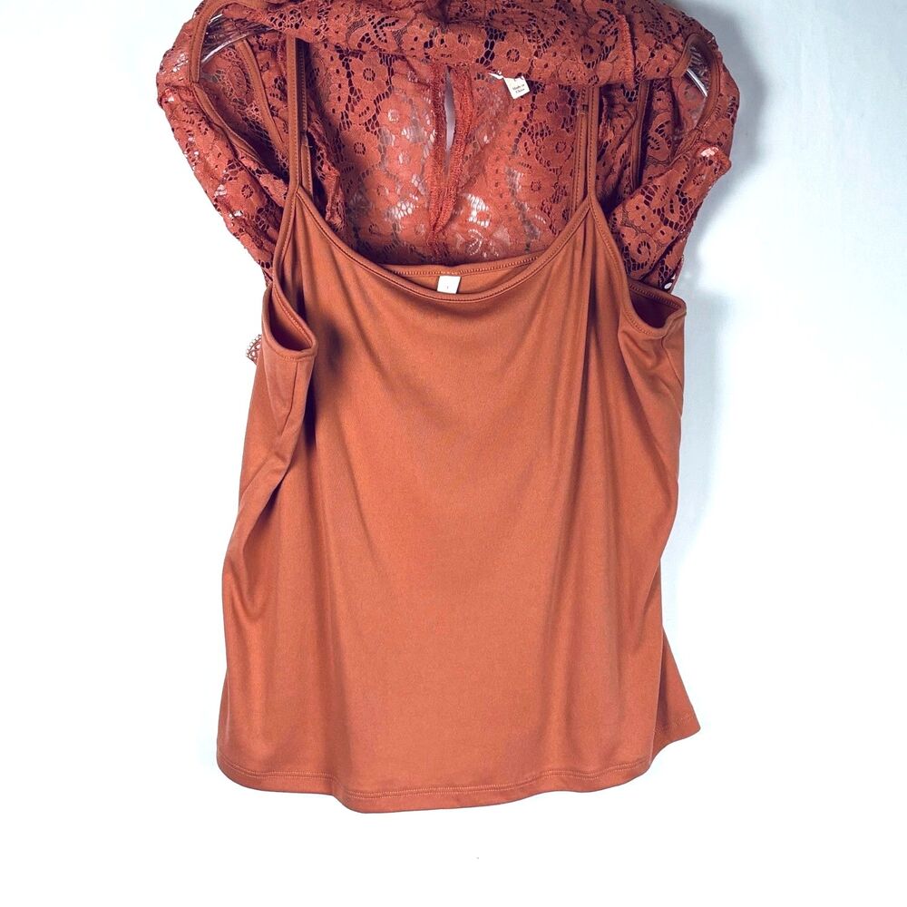 Adiva Crochet Lace Sleeveless Blouse Boho Crochet Scalloped Hem Rust Orange Sz L - Picture 3 of 12